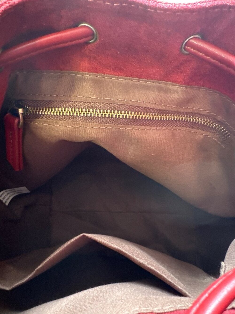 Burgundy Suede Leather Bucket Bag With Tassel Drawstring & Adjustable Strap - Picture 7 of 8
